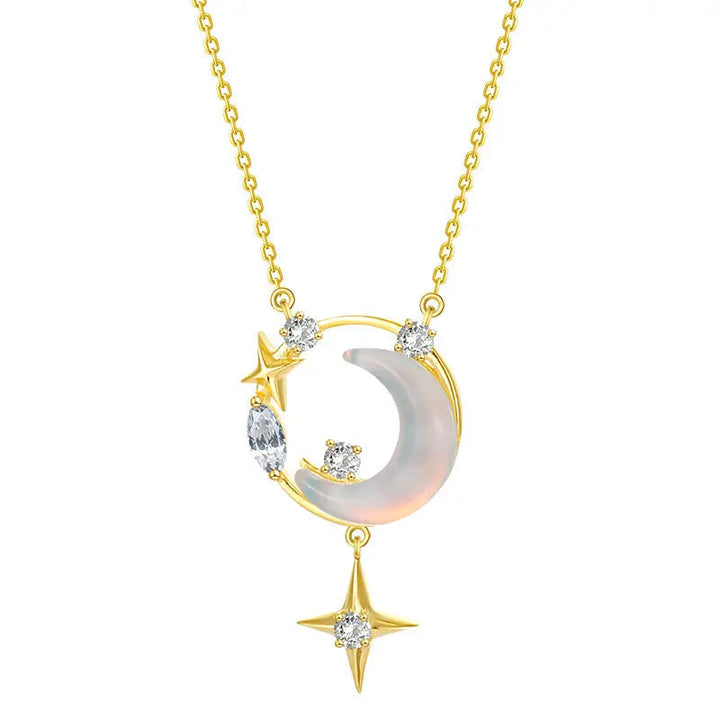 LOVCIA Crescent Moon and Star Gold Plated Sterling Silver Necklace for Women with Opalescent and Crystal Accents LOVCIA