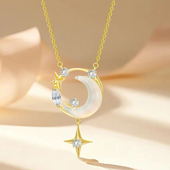 LOVCIA Crescent Moon and Star Gold Plated Sterling Silver Necklace for Women with Opalescent and Crystal Accents LOVCIA