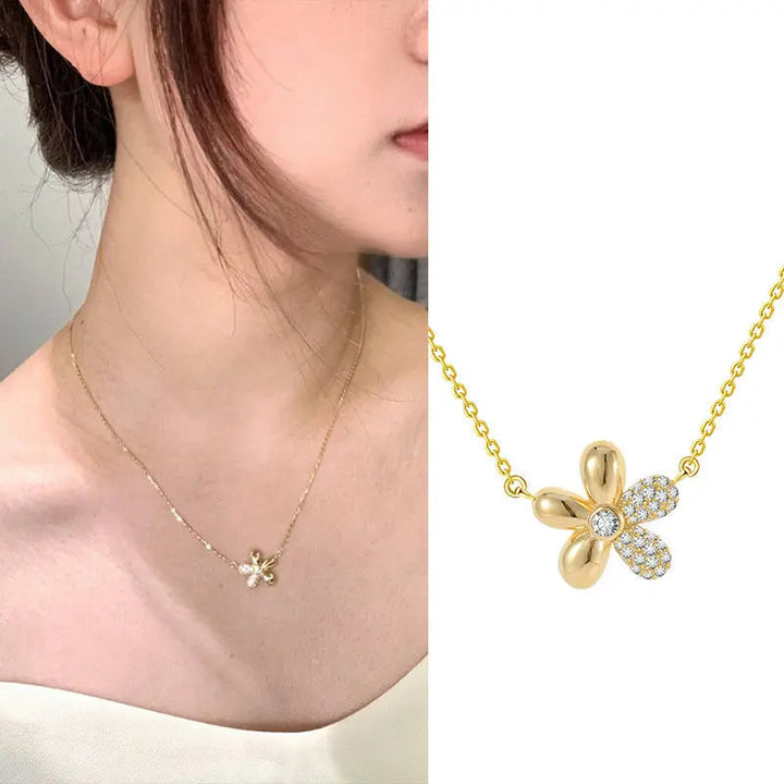 LOVCIA Elegant Pavé Petals Sunflower Design Gold Plated Sterling Silver Pendant Necklace for Women LOVCIA