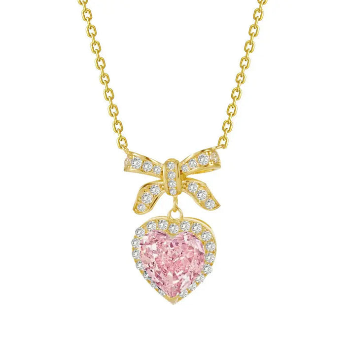 LOVCIA Gold Plated Sterling Silver Heart & Bow Pendant Necklace for Women with Sparkling Pink & Clear Gemstones LOVCIA