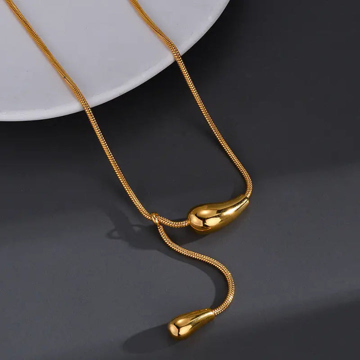 LOVCIA 18K Gold Plated Stainless Steel Snake Chain Teardrop Necklace for Women - Adjustable Elegant Jewelry LOVCIA