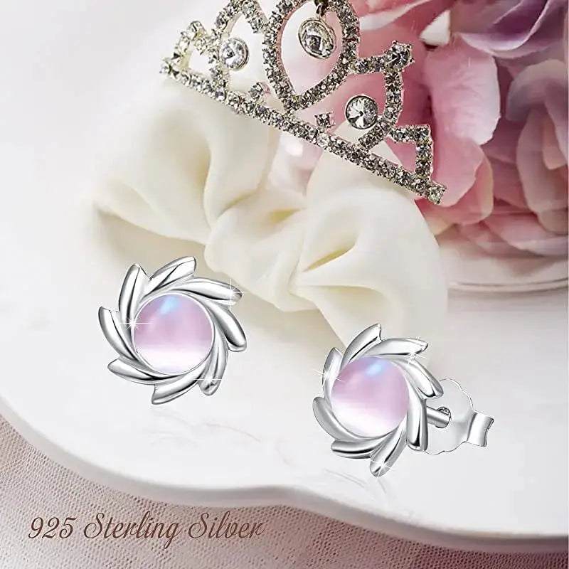 LOVCIA Moonstone Earrings 925 Sterling Silver Pink Cat's Eye Stud Earrings Rainbow Moonstone Earrings Sun Stud Earrings Jewellery For Women