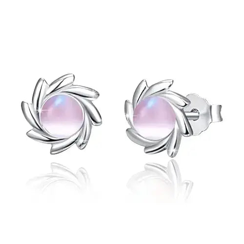 LOVCIA Moonstone Earrings 925 Sterling Silver Pink Cat's Eye Stud Earrings Rainbow Moonstone Earrings Sun Stud Earrings Jewellery For Women