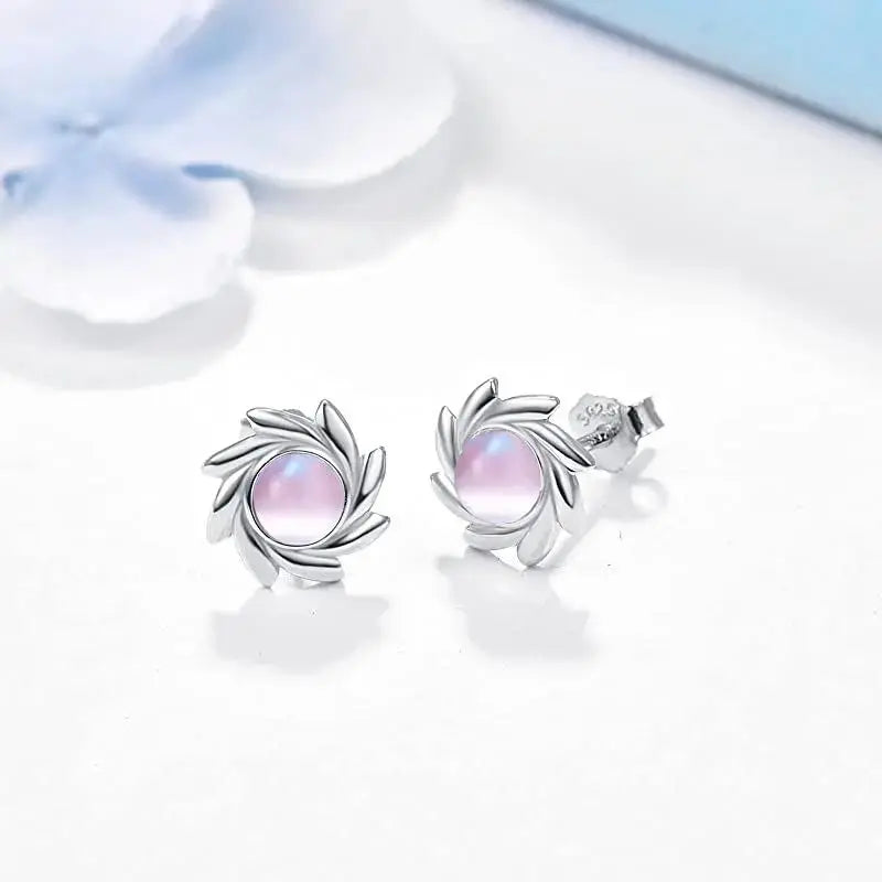 LOVCIA Moonstone Earrings 925 Sterling Silver Pink Cat's Eye Stud Earrings Rainbow Moonstone Earrings Sun Stud Earrings Jewellery For Women