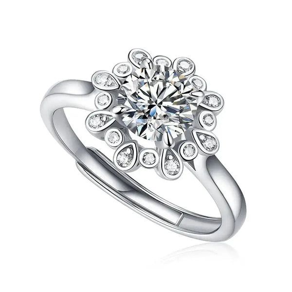 LOVCIA Wedding Moissanite CZ Peonies Flower 925 Sterling Silver Adjustable Ring