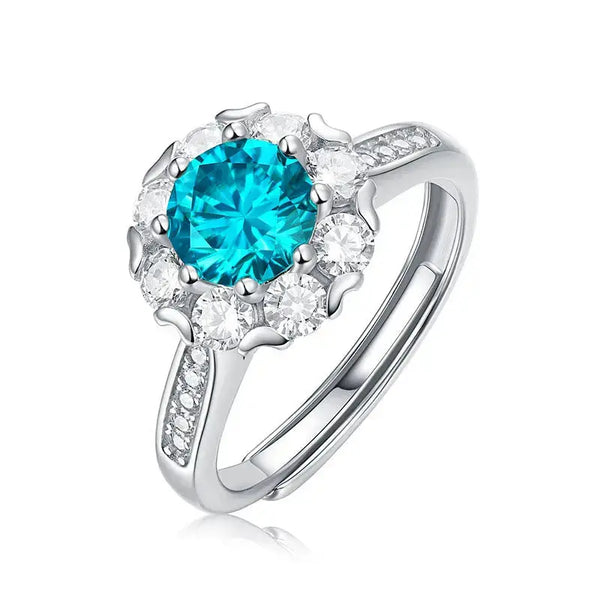 LOVCIA Women Blue Round Moissanite CZ Flower 925 Sterling Silver Adjustable Ring