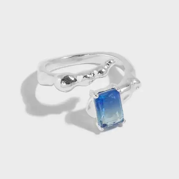 LOVCIA Geometry Emerald Shading Blue CZ 925 Sterling Silver Adjustable Ring