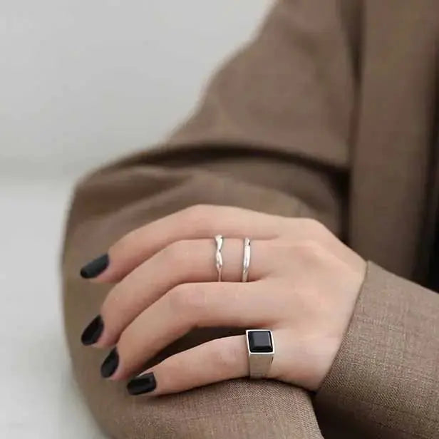 LOVCIA Geometry Square Created Black Agate 925 Sterling Silver Adjustable Ring