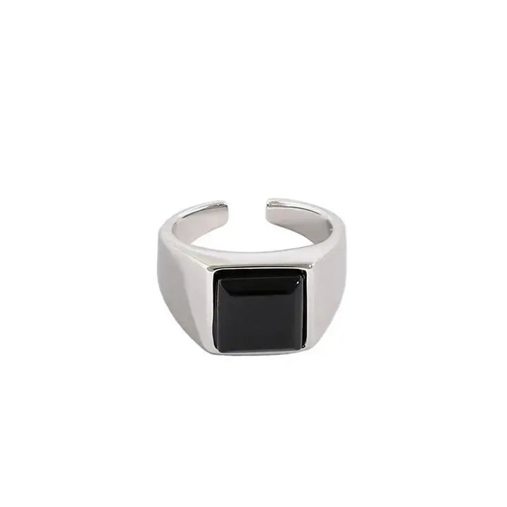 LOVCIA Geometry Square Created Black Agate 925 Sterling Silver Adjustable Ring