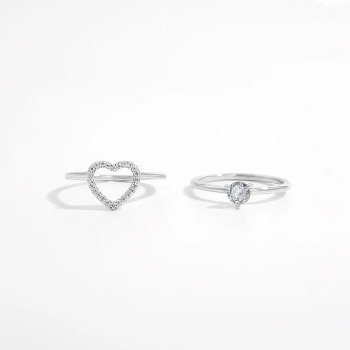 LOVCIA 2 Piece Heart Shape Zircon 925 Sterling Silver Ring