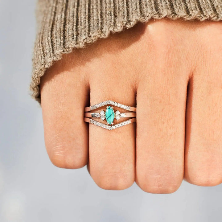 Artificial Turquoise V Shape Inlaid Zircon Ring LOVCIA