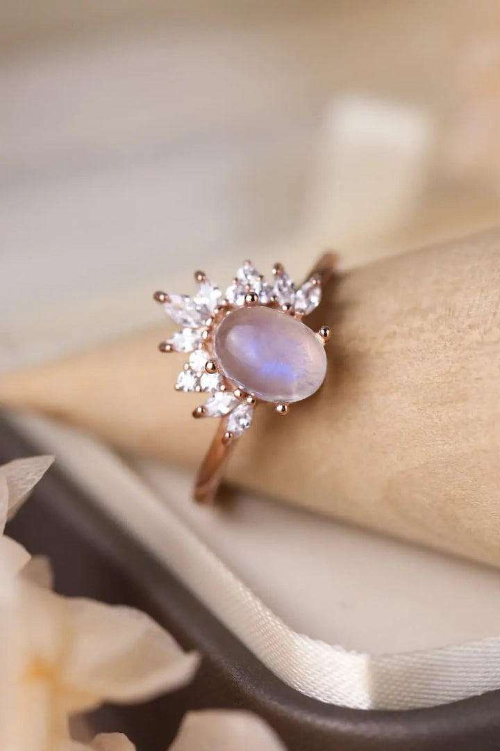 High Quality Natural Moonstone 18K Rose Gold-Plated 925 Sterling Silver Ring LOVCIA