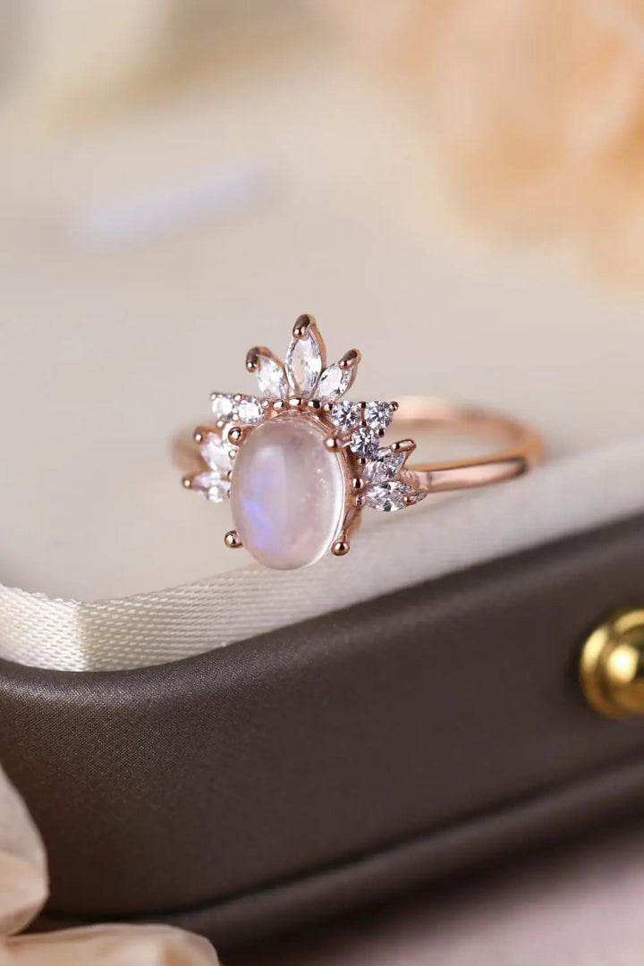 High Quality Natural Moonstone 18K Rose Gold-Plated 925 Sterling Silver Ring LOVCIA