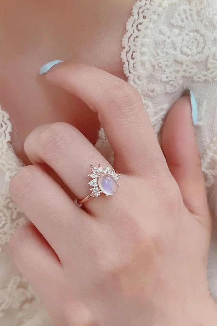 High Quality Natural Moonstone 18K Rose Gold-Plated 925 Sterling Silver Ring LOVCIA