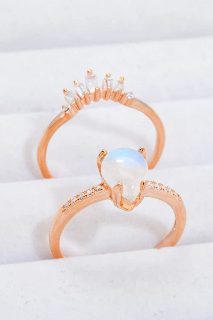 Natural Moonstone and Zircon 18K Rose Gold-Plated Two-Piece Ring Set LOVCIA