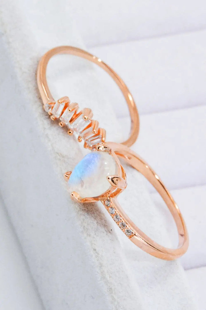 Natural Moonstone and Zircon 18K Rose Gold-Plated Two-Piece Ring Set LOVCIA