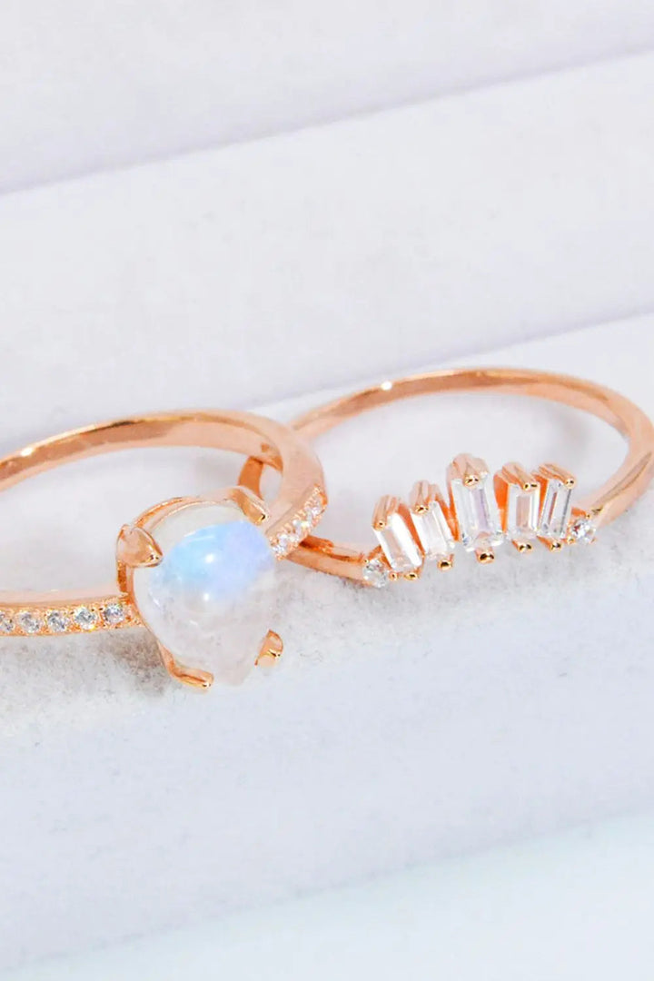 Natural Moonstone and Zircon 18K Rose Gold-Plated Two-Piece Ring Set LOVCIA