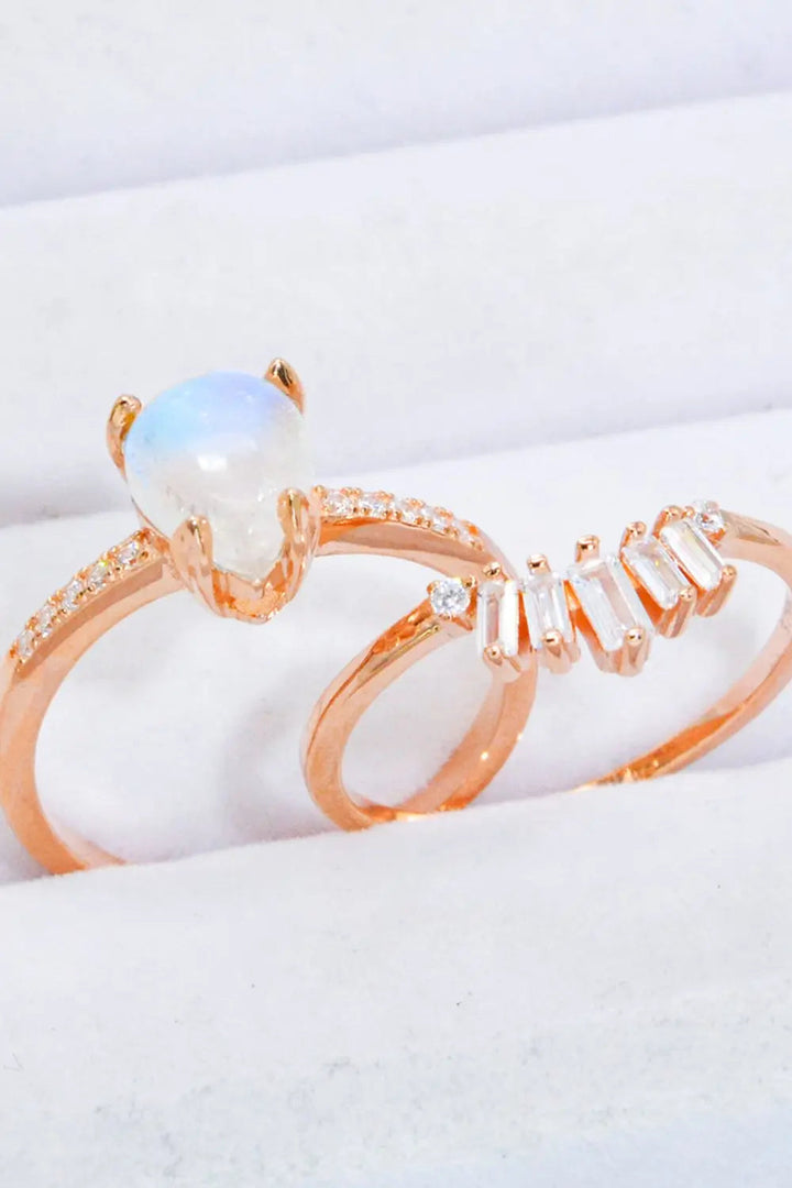 Natural Moonstone and Zircon 18K Rose Gold-Plated Two-Piece Ring Set LOVCIA