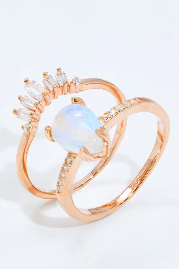 Natural Moonstone and Zircon 18K Rose Gold-Plated Two-Piece Ring Set LOVCIA