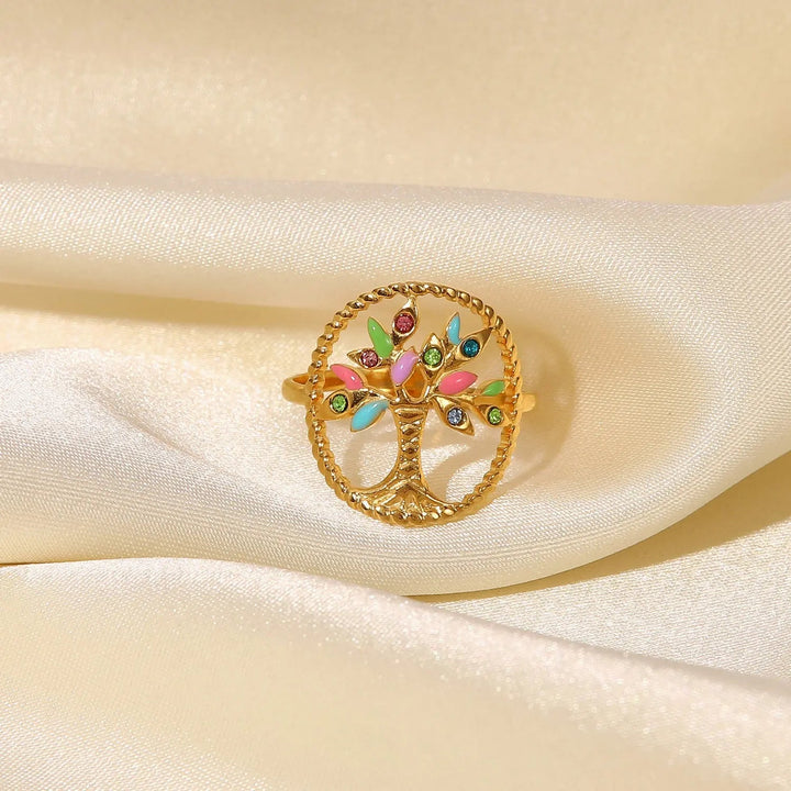 LOVCIA Tree Shape Inlaid Zircon 18K Gold-Plated Ring