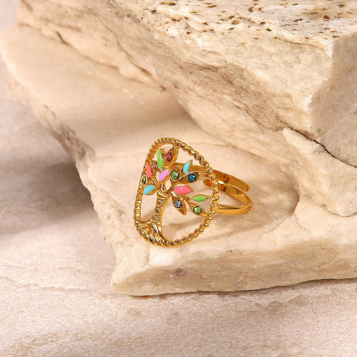 LOVCIA Tree Shape Inlaid Zircon 18K Gold-Plated Ring