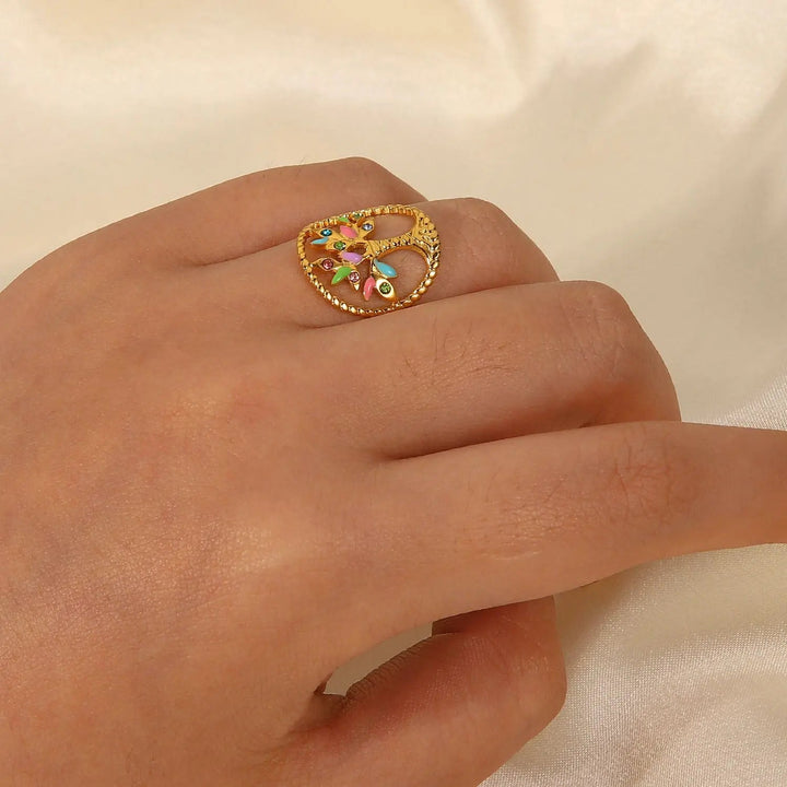 LOVCIA Tree Shape Inlaid Zircon 18K Gold-Plated Ring