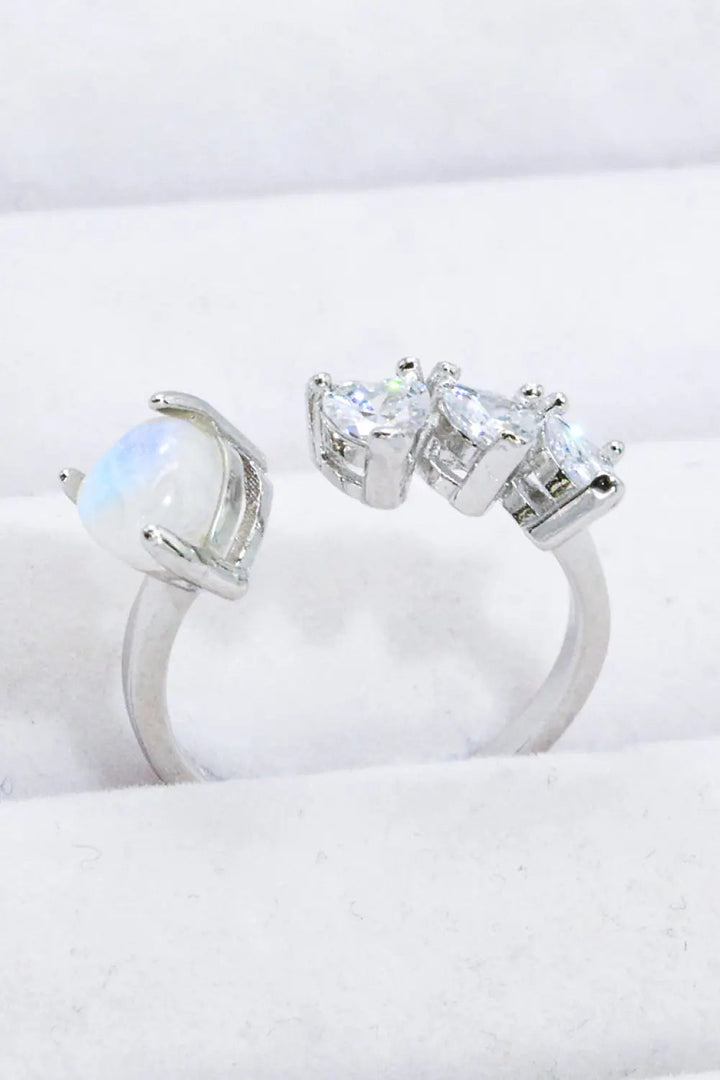 Natural Moonstone and Zircon Heart Open Ring LOVCIA