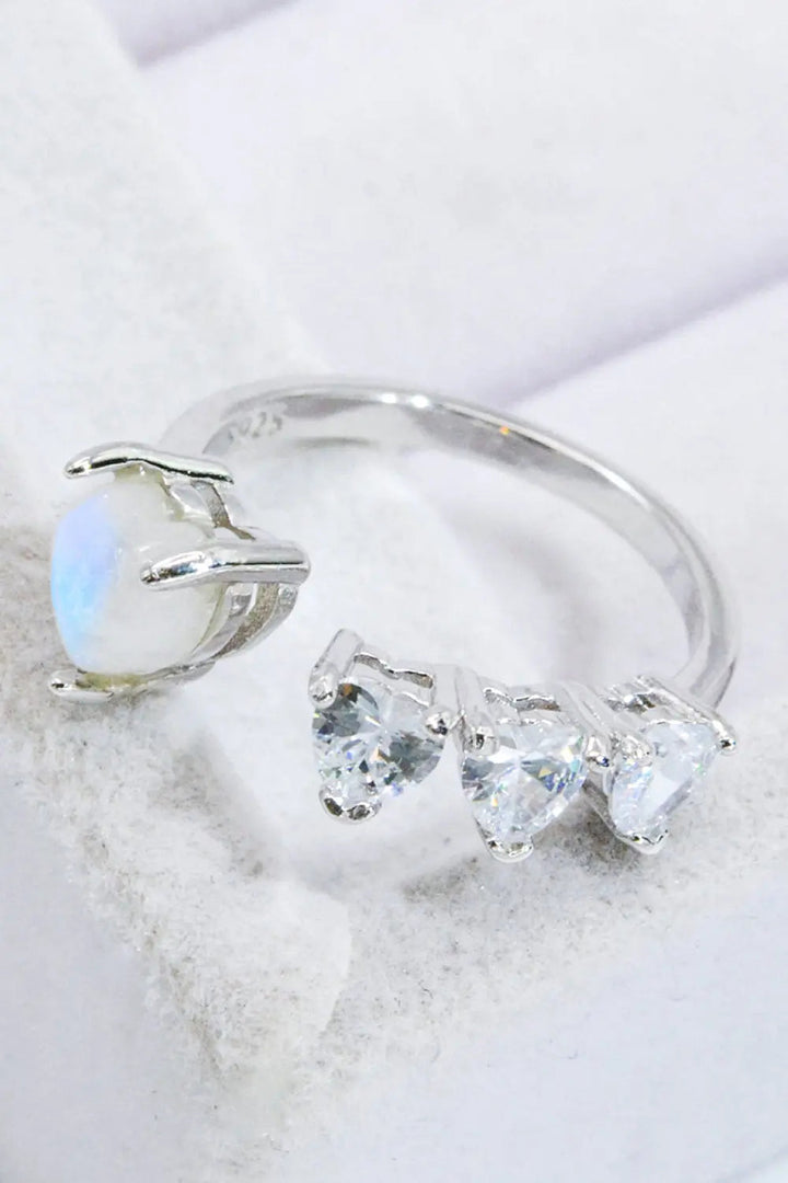 Natural Moonstone and Zircon Heart Open Ring LOVCIA