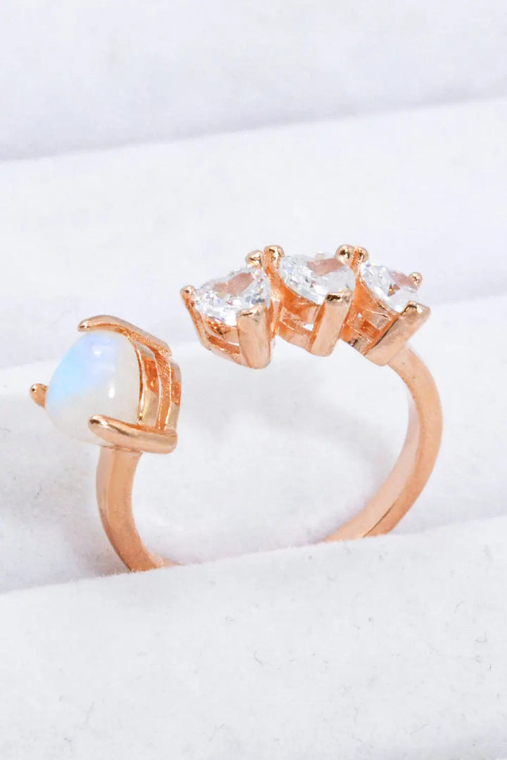 Natural Moonstone and Zircon Heart Open Ring LOVCIA