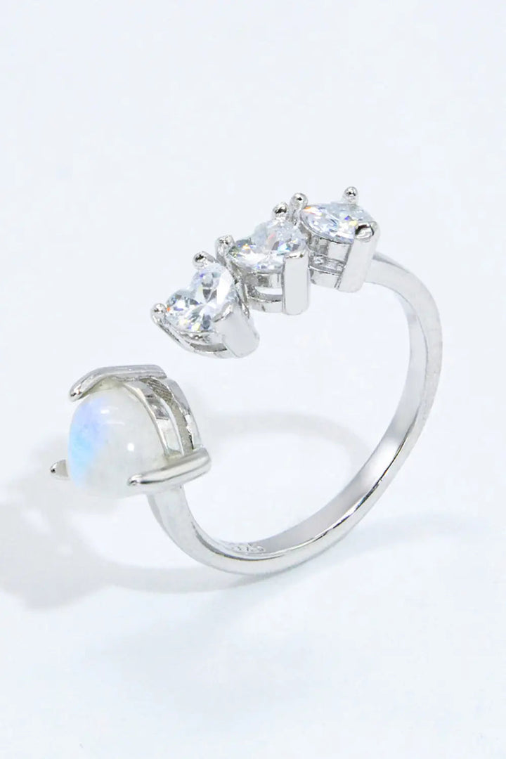 Natural Moonstone and Zircon Heart Open Ring LOVCIA