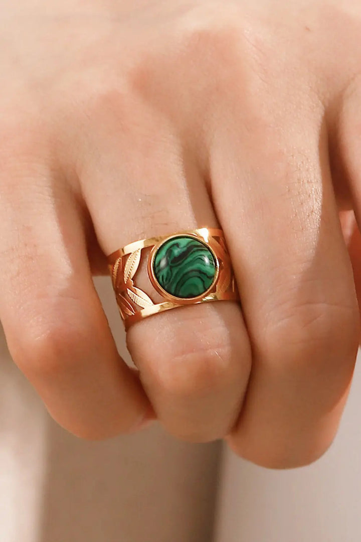 18k Gold Plated Malachite Leaf Ring LOVCIA