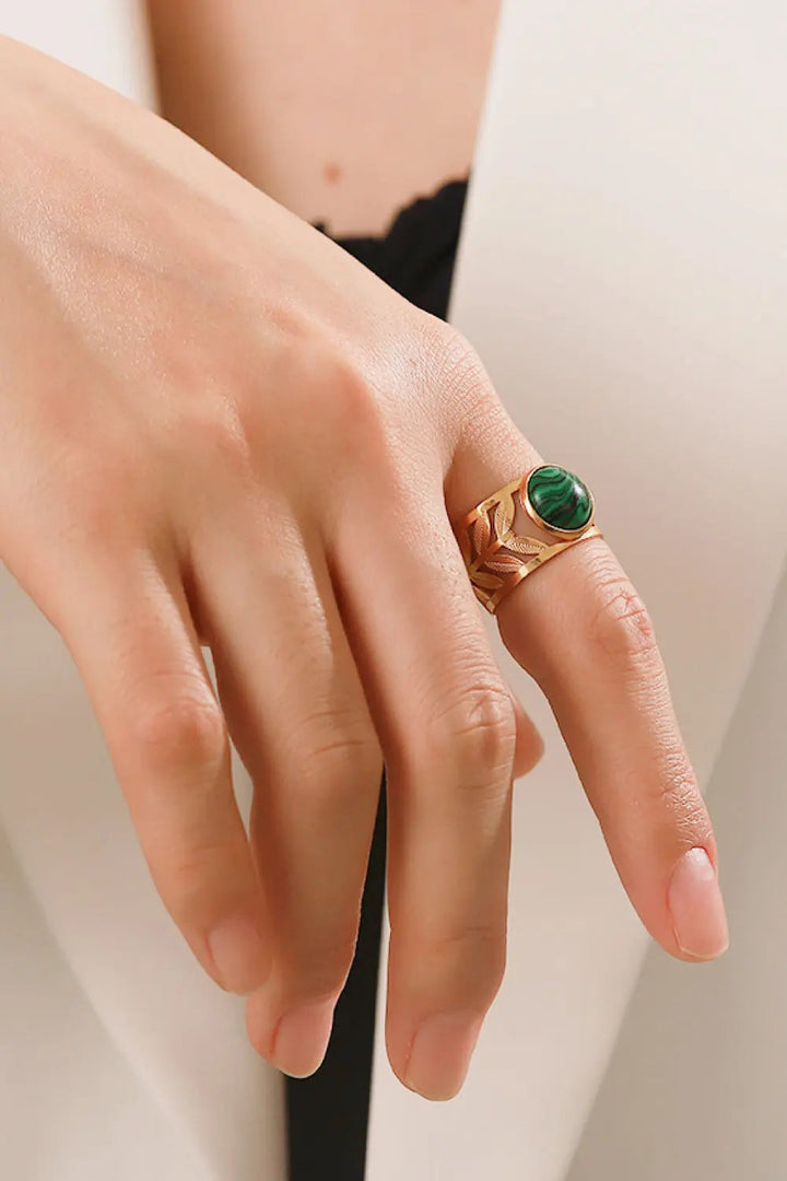 18k Gold Plated Malachite Leaf Ring LOVCIA