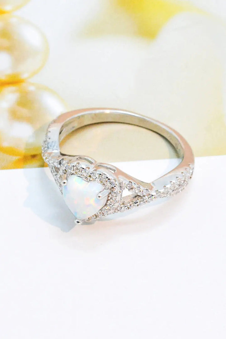 925 Sterling Silver Heart Opal Crisscross Ring LOVCIA