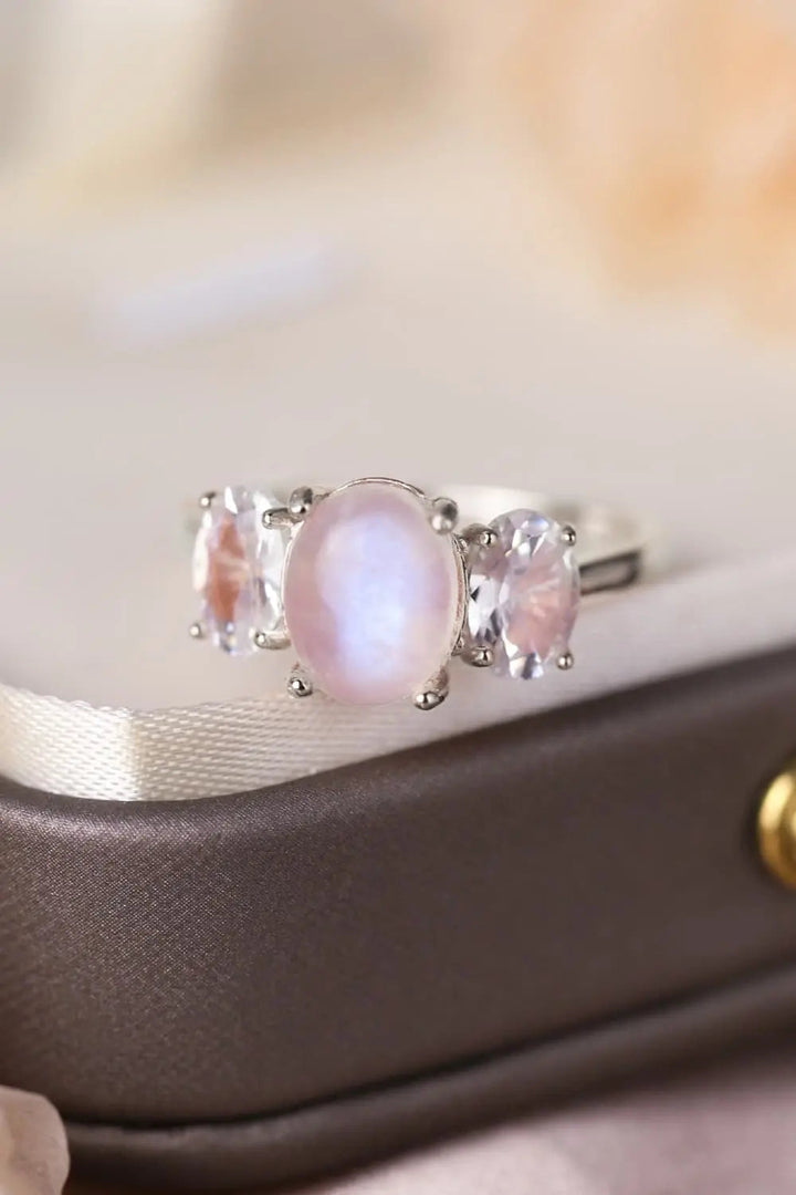 LOVCIA High Quality Natural Moonstone 925 Sterling Silver Three Stone Ring