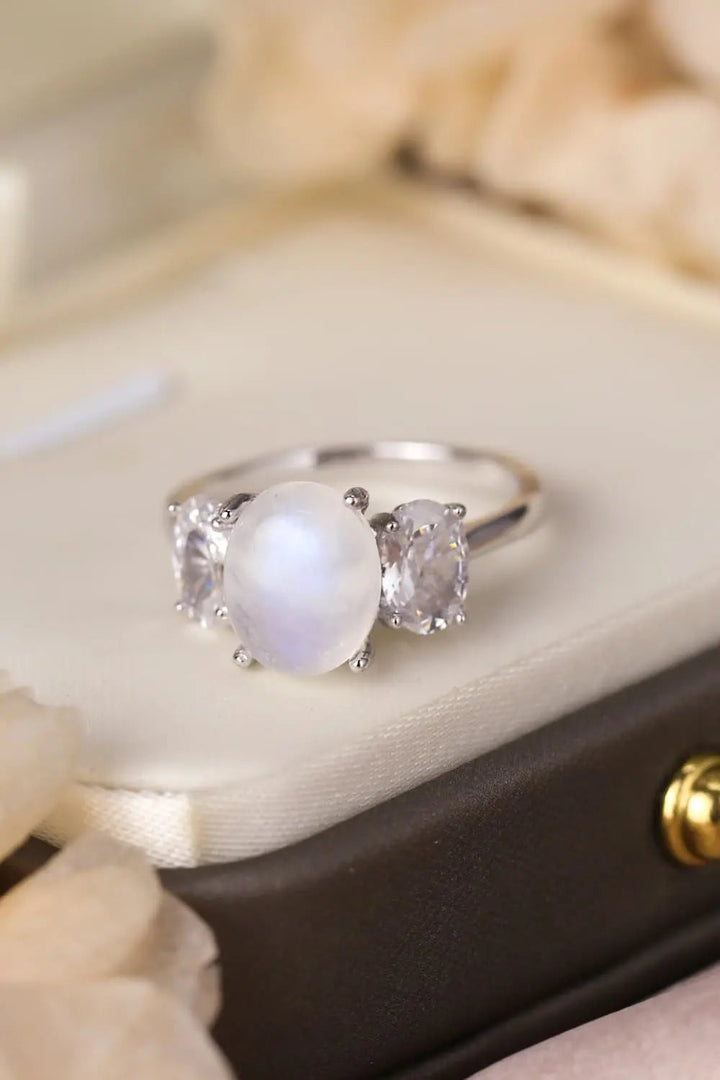 LOVCIA High Quality Natural Moonstone 925 Sterling Silver Three Stone Ring