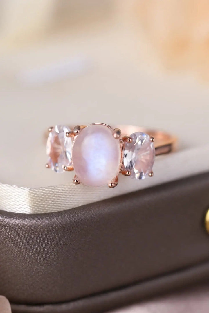 LOVCIA High Quality Natural Moonstone 925 Sterling Silver Three Stone Ring