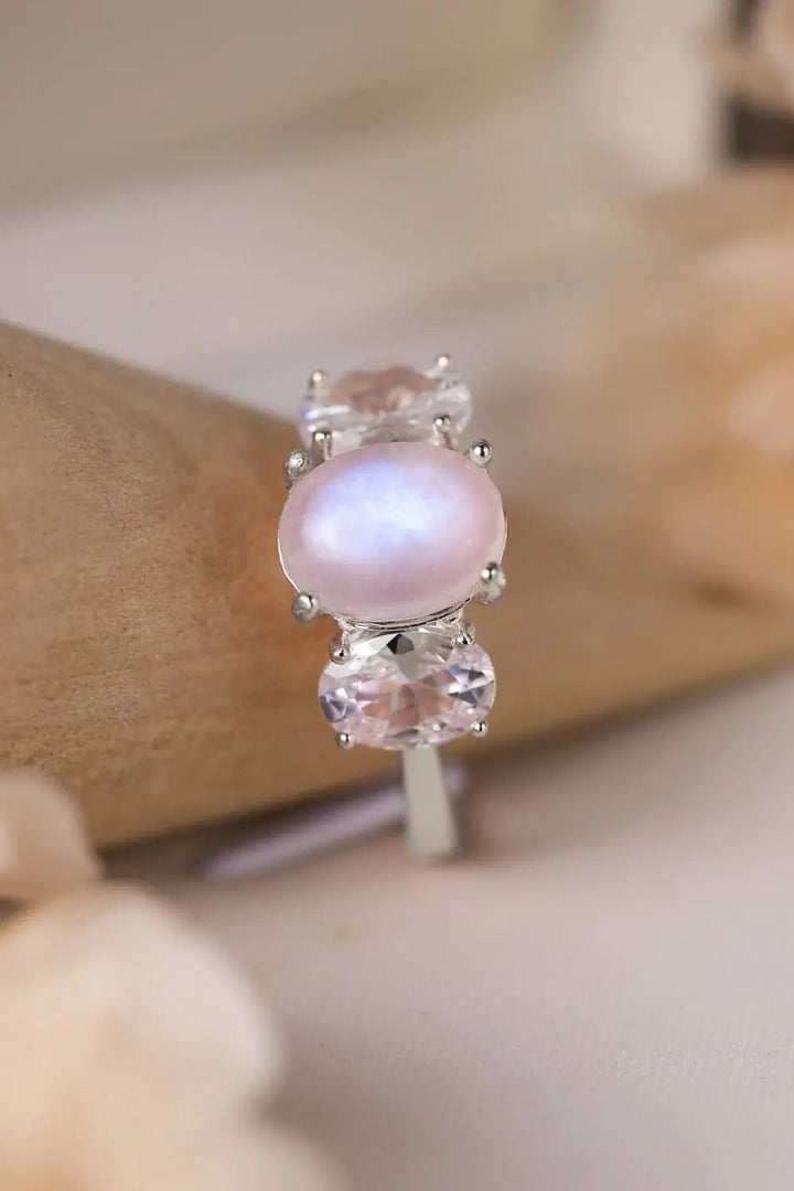 LOVCIA High Quality Natural Moonstone 925 Sterling Silver Three Stone Ring