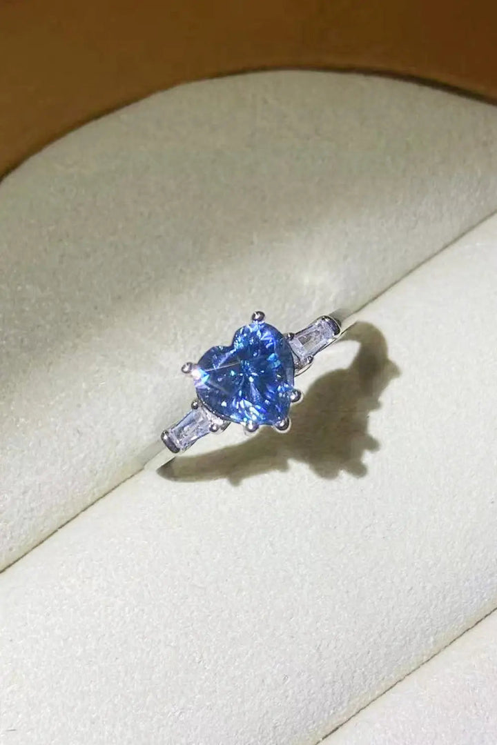 1 Carat Moissanite Heart-Shaped Platinum-Plated Ring in Blue LOVCIA