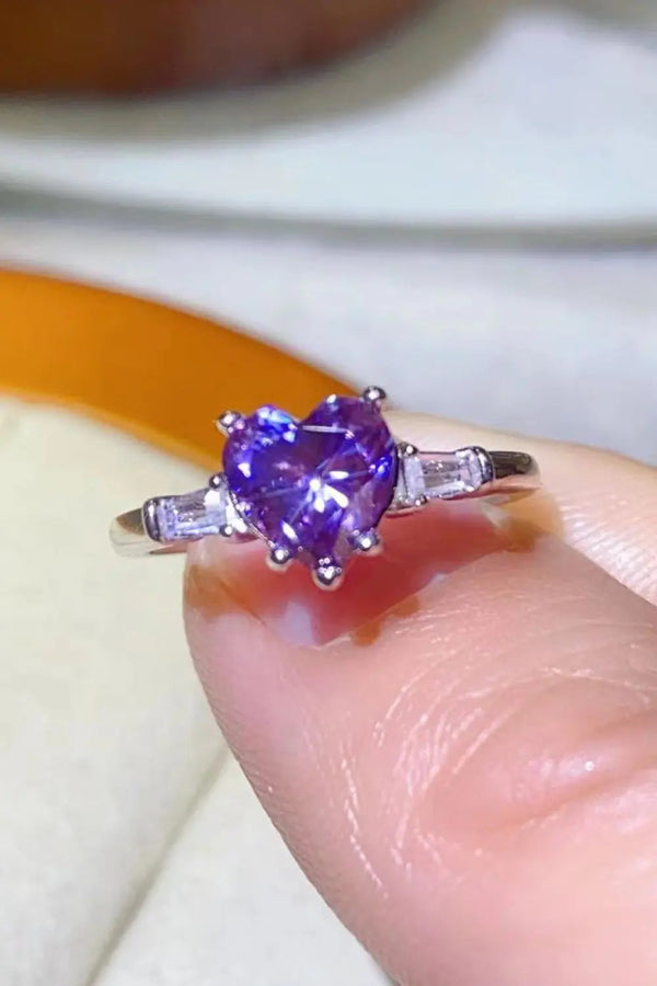 1 Carat Moissanite Heart-Shaped Platinum-Plated Ring in Purple LOVCIA