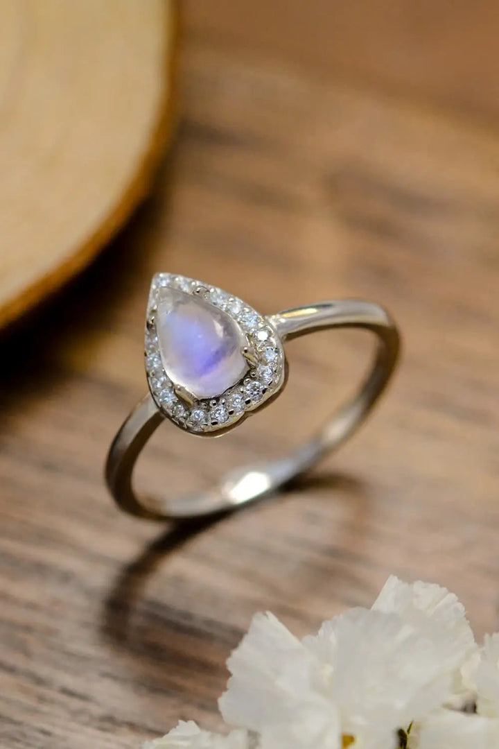 LOVCIA Moonstone Teardrop 925 Sterling Silver Halo Ring