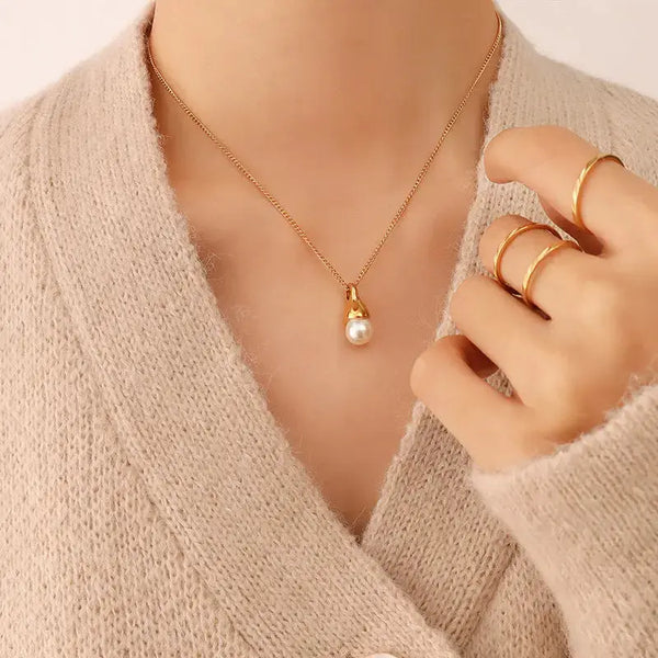 Lovcia Women's Fashion Special-shaped Design Water Drop Imitation Baroque Pearl Necklace-Necklaces-Gold Necklace-Gold Necklace