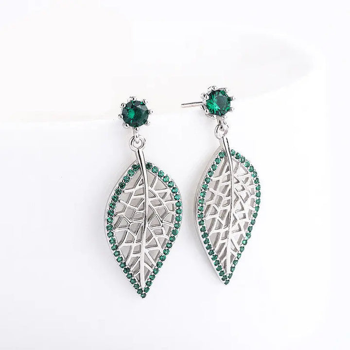 LOVCIA Sterling Silver Leaf Stud Earrings with Green Gemstones for Women, Nature-Inspired Minimalistic Jewelry LOVCIA