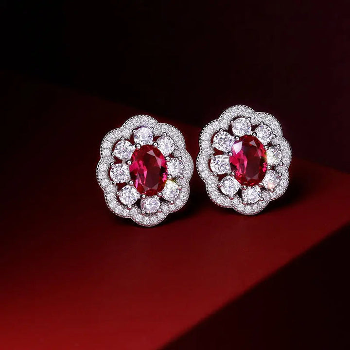 LOVCIA Ruby Red Flower Sterling Silver Stud Earrings with Sparkling Zirconia - Elegant Jewelry for Women LOVCIA