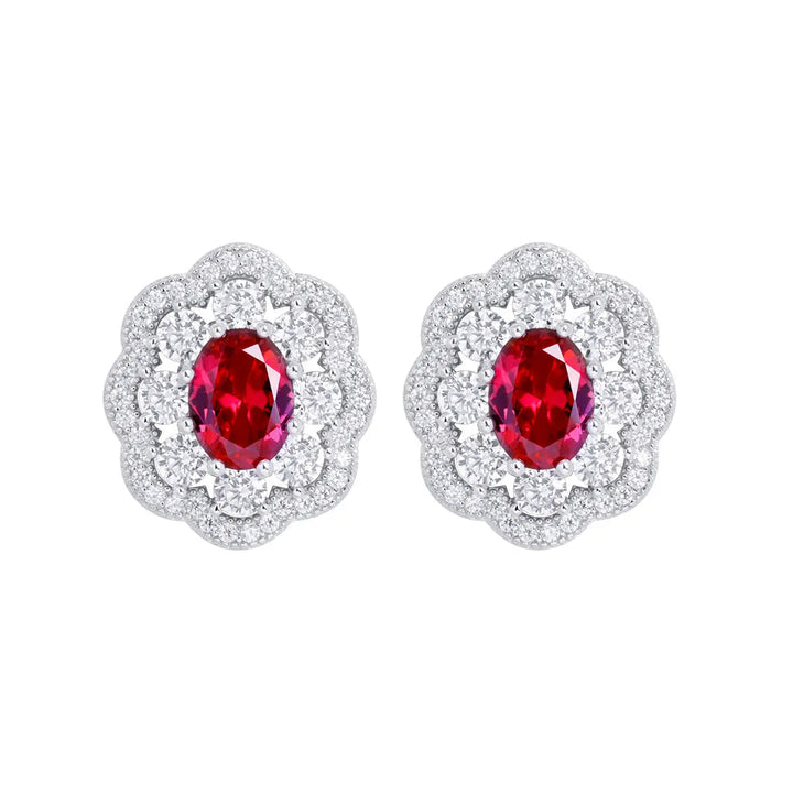 LOVCIA Ruby Red Flower Sterling Silver Stud Earrings with Sparkling Zirconia - Elegant Jewelry for Women LOVCIA