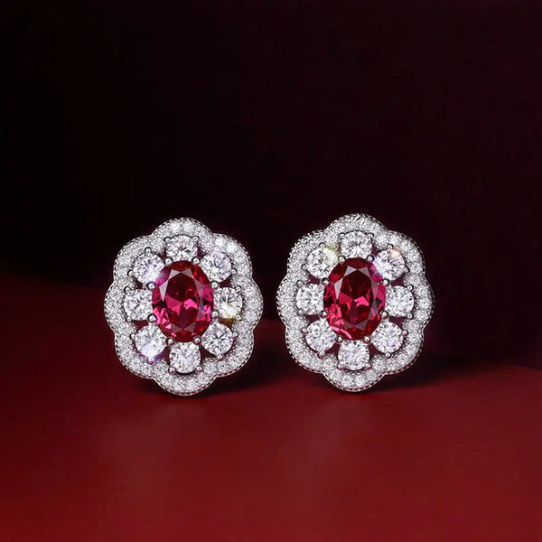 LOVCIA Ruby Red Flower Sterling Silver Stud Earrings with Sparkling Zirconia - Elegant Jewelry for Women LOVCIA