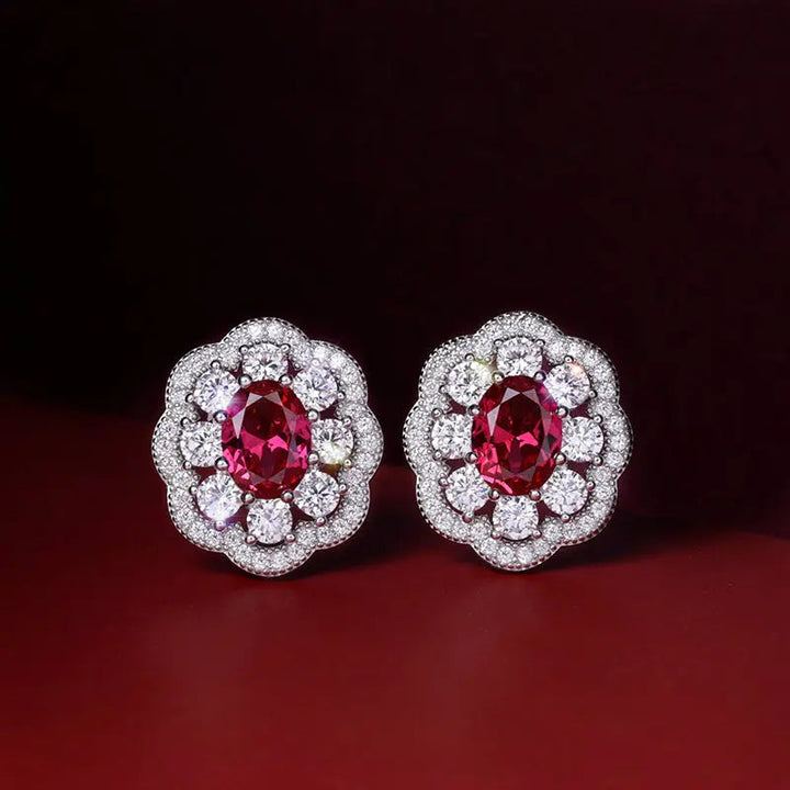 LOVCIA Ruby Red Flower Sterling Silver Stud Earrings with Sparkling Zirconia - Elegant Jewelry for Women LOVCIA