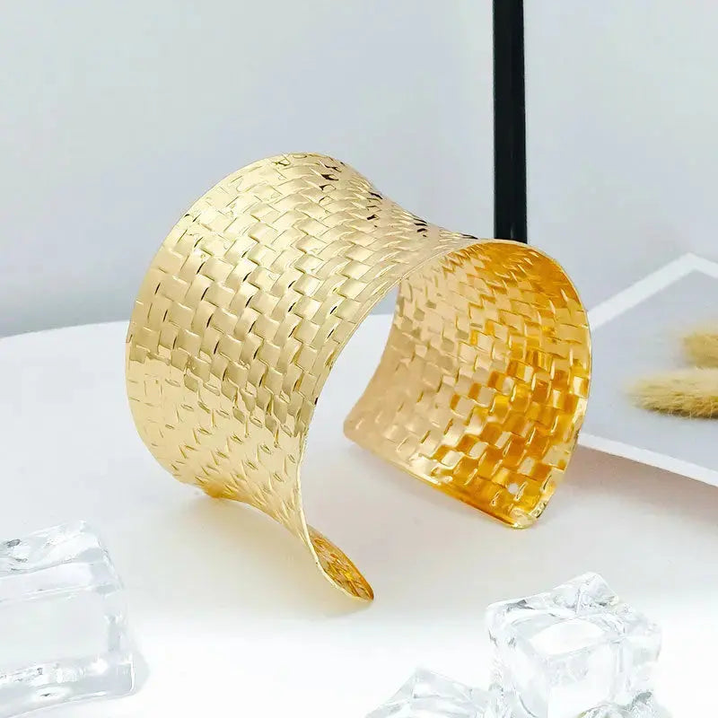 Lovcia Women’s Gold and Silver Woven Cuff Bracelets - Adjustable Wide Textured Statement Jewellery-Bracelets-Gold-Gold