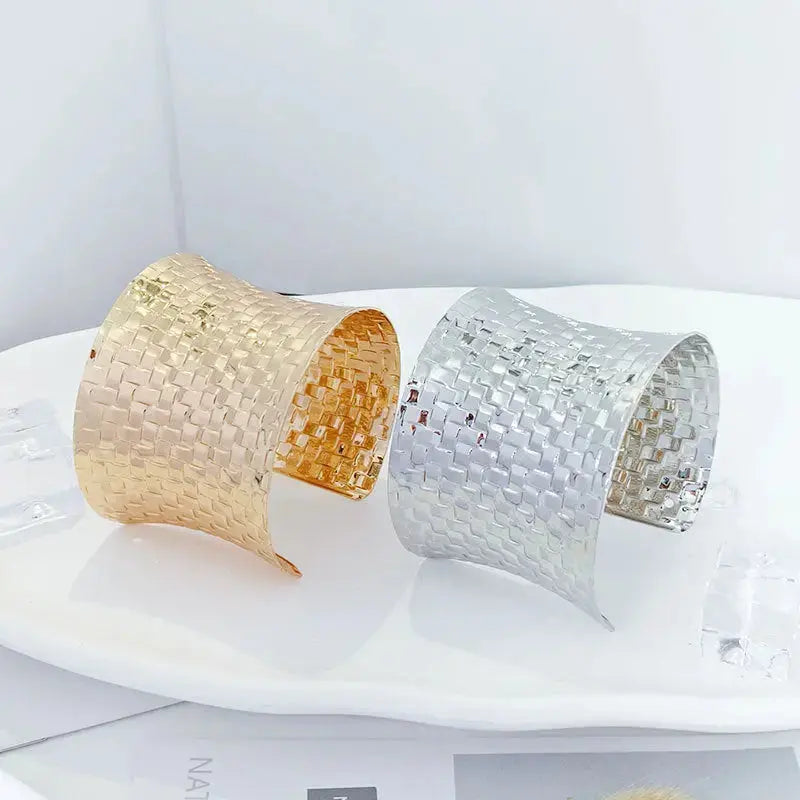 Lovcia Women’s Gold and Silver Woven Cuff Bracelets - Adjustable Wide Textured Statement Jewellery-Bracelets-Gold-Gold