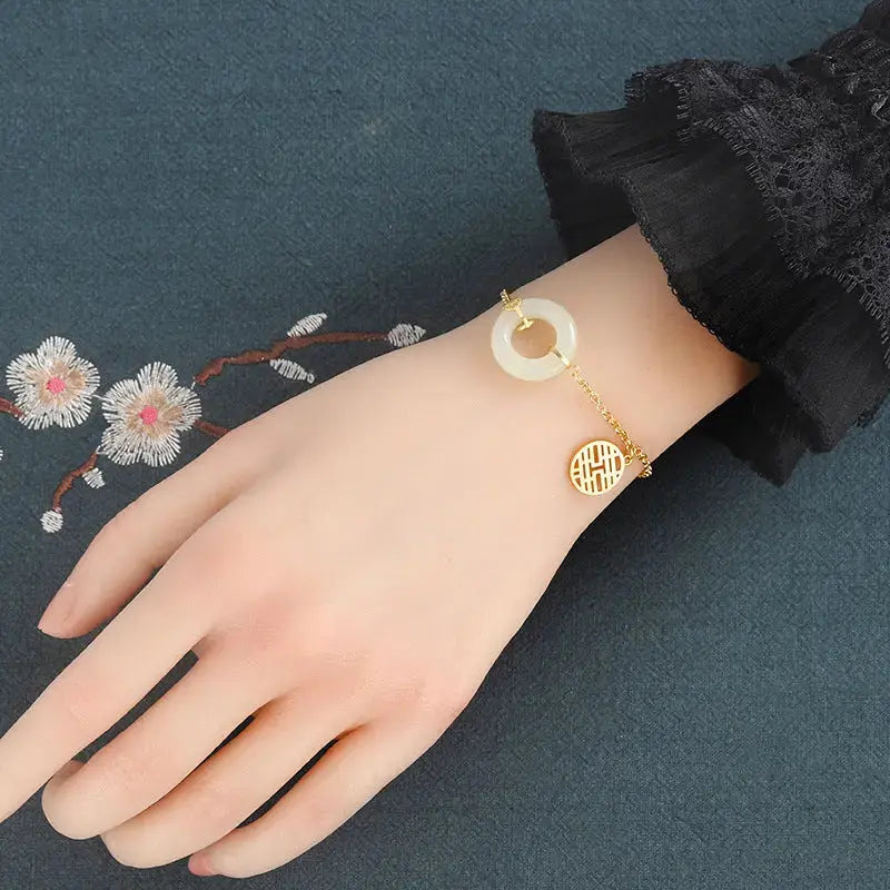 Lovcia Women's Gold Plated Sterling Silver Bracelet with Hetian Jade Charm for Elegant Style-Bracelets-Golden Hetian Jade-Golden Hetian Jade