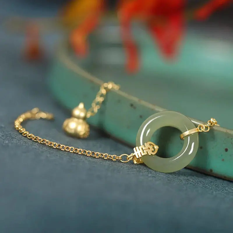 Lovcia Women's Gold Plated Sterling Silver Bracelet with Hetian Jade Charm for Elegant Style-Bracelets-Golden Hetian Jade-Golden Hetian Jade